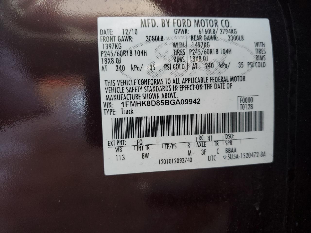 2011 Ford Explorer VIN 1FMHK8D85BGA09942 Copart auction photo, side damage thumbnail 13