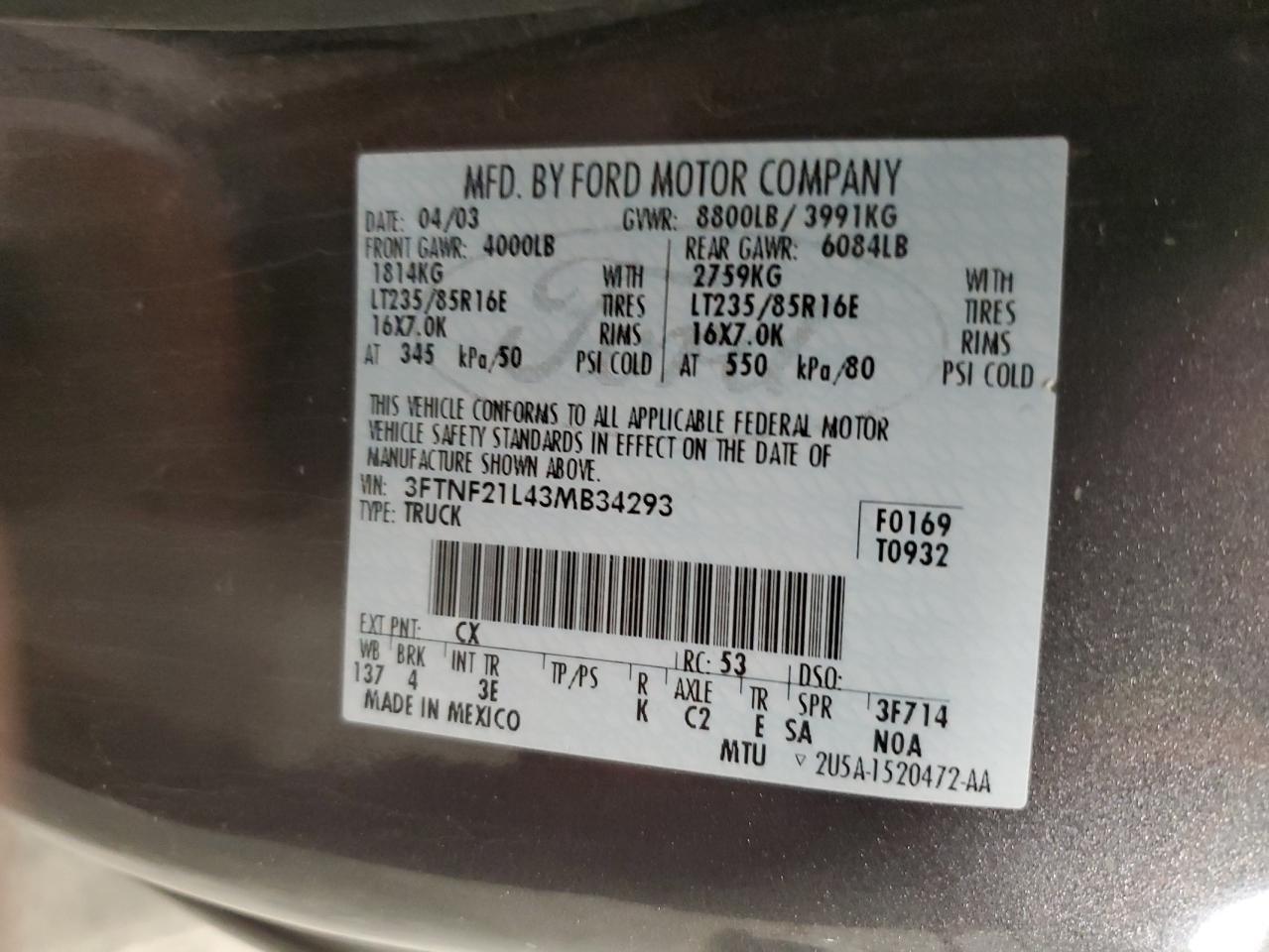 2003 Ford F250 VIN 3FTNF21L43MB34293 Copart auction photo, front end / side damage thumbnail 12