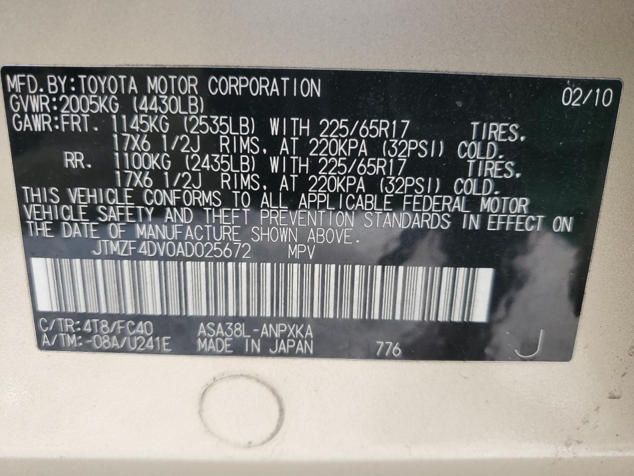 2010 Toyota RAV 4 VIN JTMZF4DV0AD025672 Copart auction photo, front end / undercarriage damage thumbnail 13