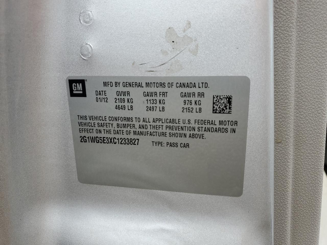 2012 Chevrolet Impala VIN 2G1WG5E3XC1233827 Copart auction photo, water/flood / mechanical damage thumbnail 13