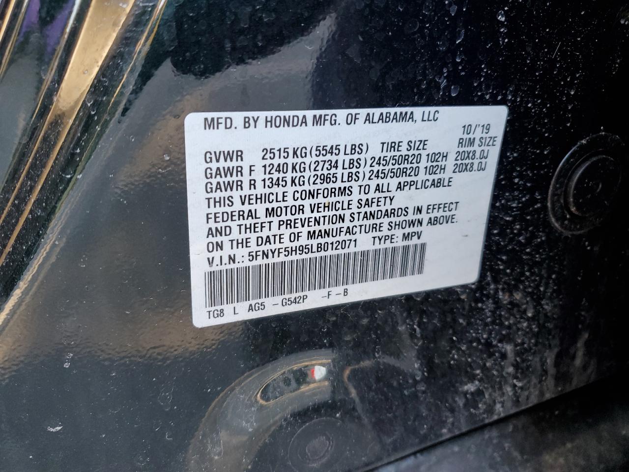 2020 Honda Pilot VIN 5FNYF5H95LB012071 Copart auction photo, front end damage thumbnail 14