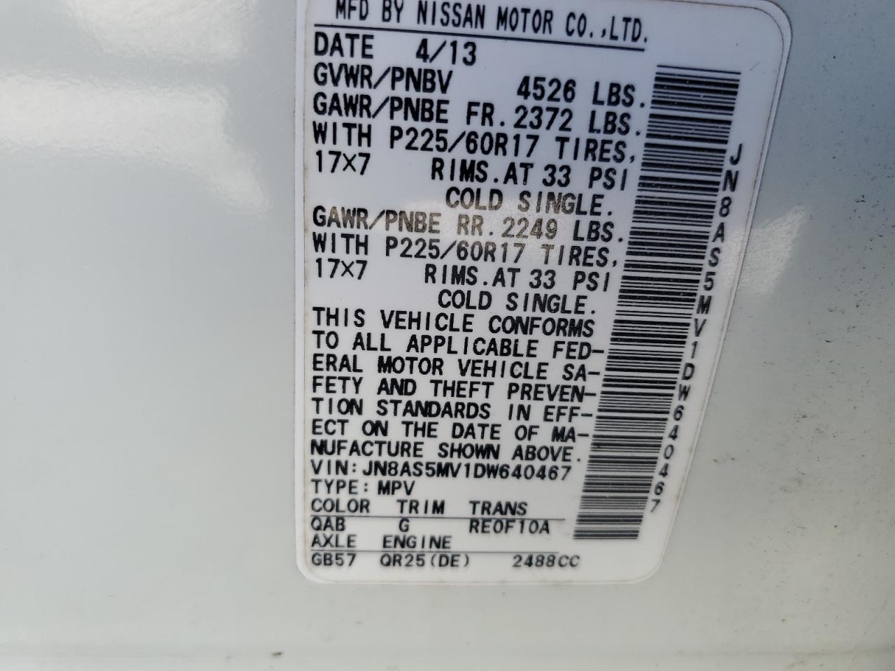 2013 Nissan Rogue VIN JN8AS5MV1DW640467 Copart auction photo, all over damage thumbnail 15
