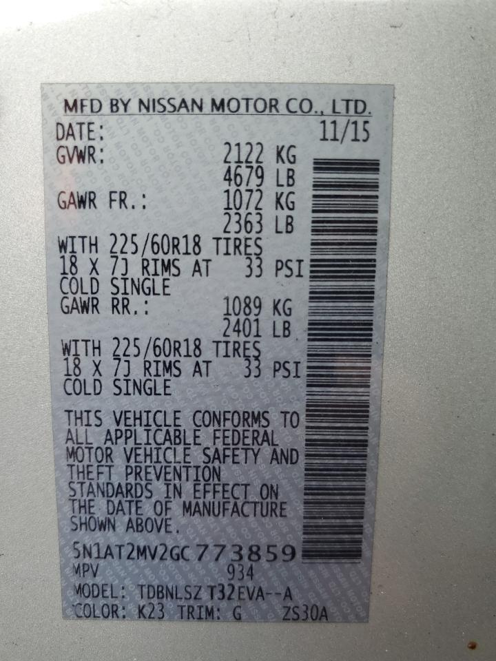 2016 Nissan Rogue VIN 5N1AT2MV2GC773859 Copart auction photo, rear end / minor dent/scratches damage thumbnail 14