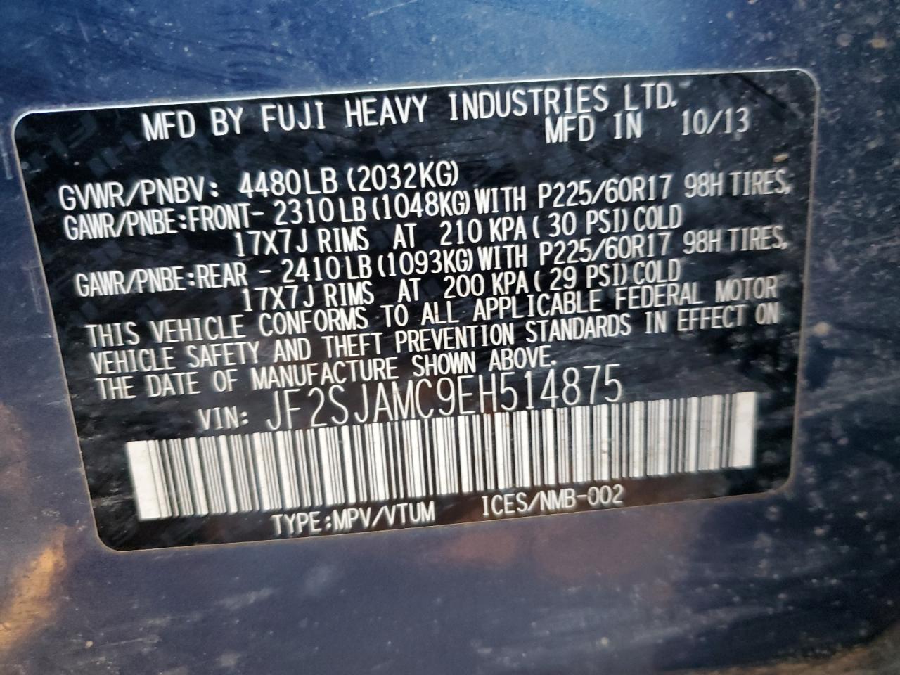 2014 Subaru Forester VIN JF2SJAMC9EH514875 Copart auction photo, front end / side damage thumbnail 15