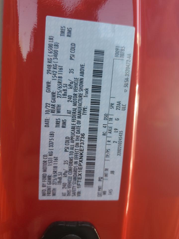 2022 Ford F-150 VIN 1FTEX1EPXNKE73736 Copart auction photo, side / rear end damage thumbnail 14