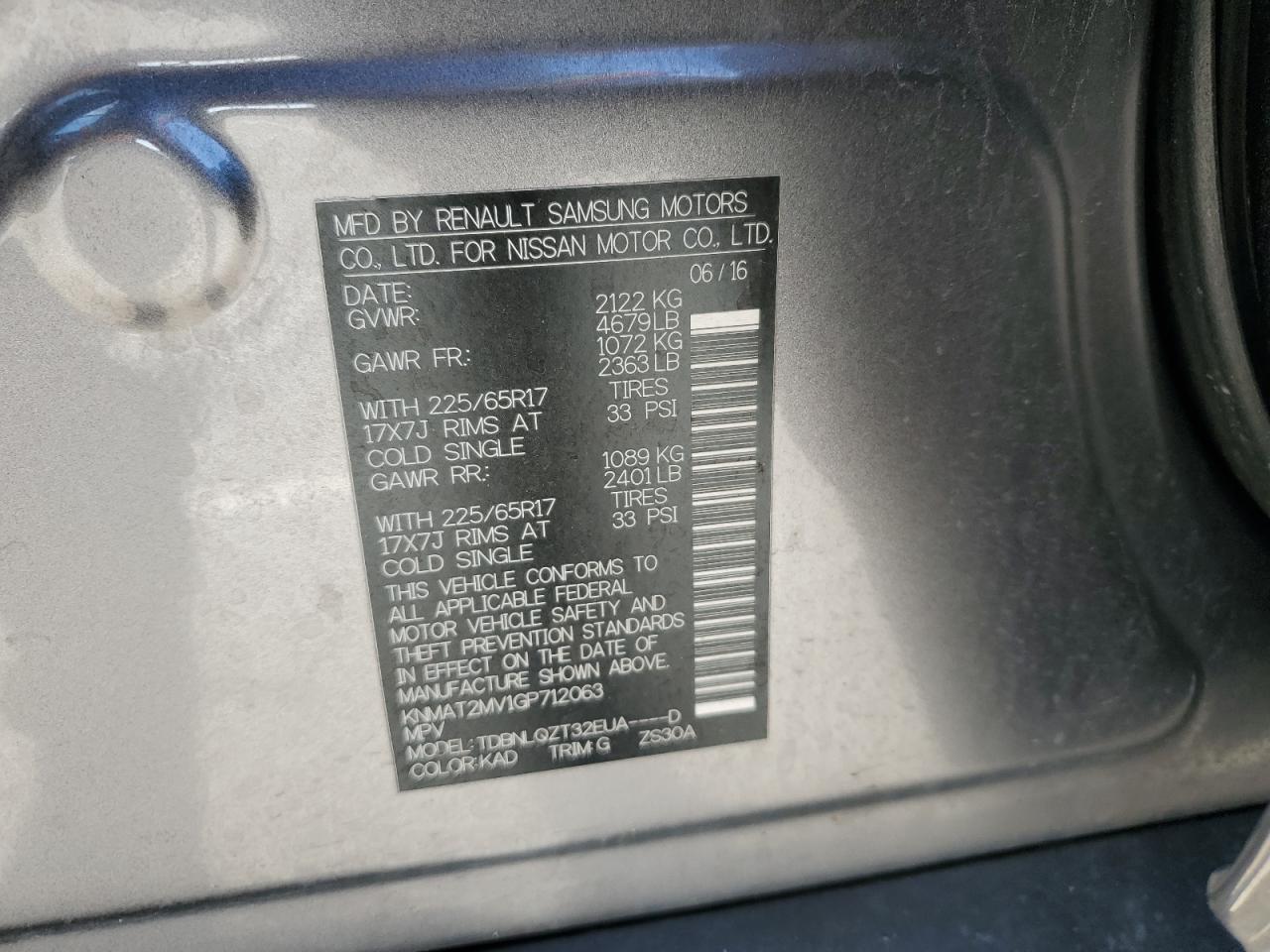 2016 Nissan Rogue VIN KNMAT2MV1GP712063 Copart auction photo, front end damage thumbnail 13