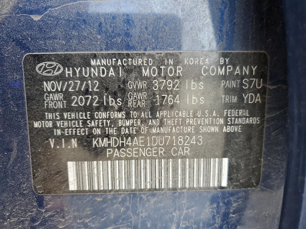 2013 Hyundai Elantra VIN KMHDH4AE1DU718243 Copart auction photo, front end / rear end damage thumbnail 13