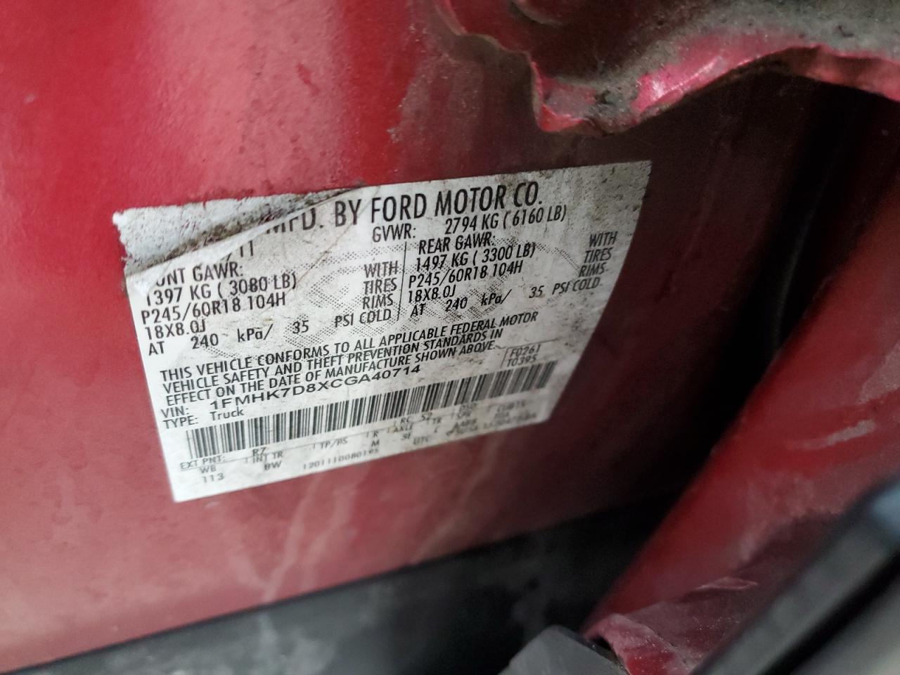 2012 Ford Explorer VIN 1FMHK7D8XCGA40714 Copart auction photo, side / front end damage thumbnail 16