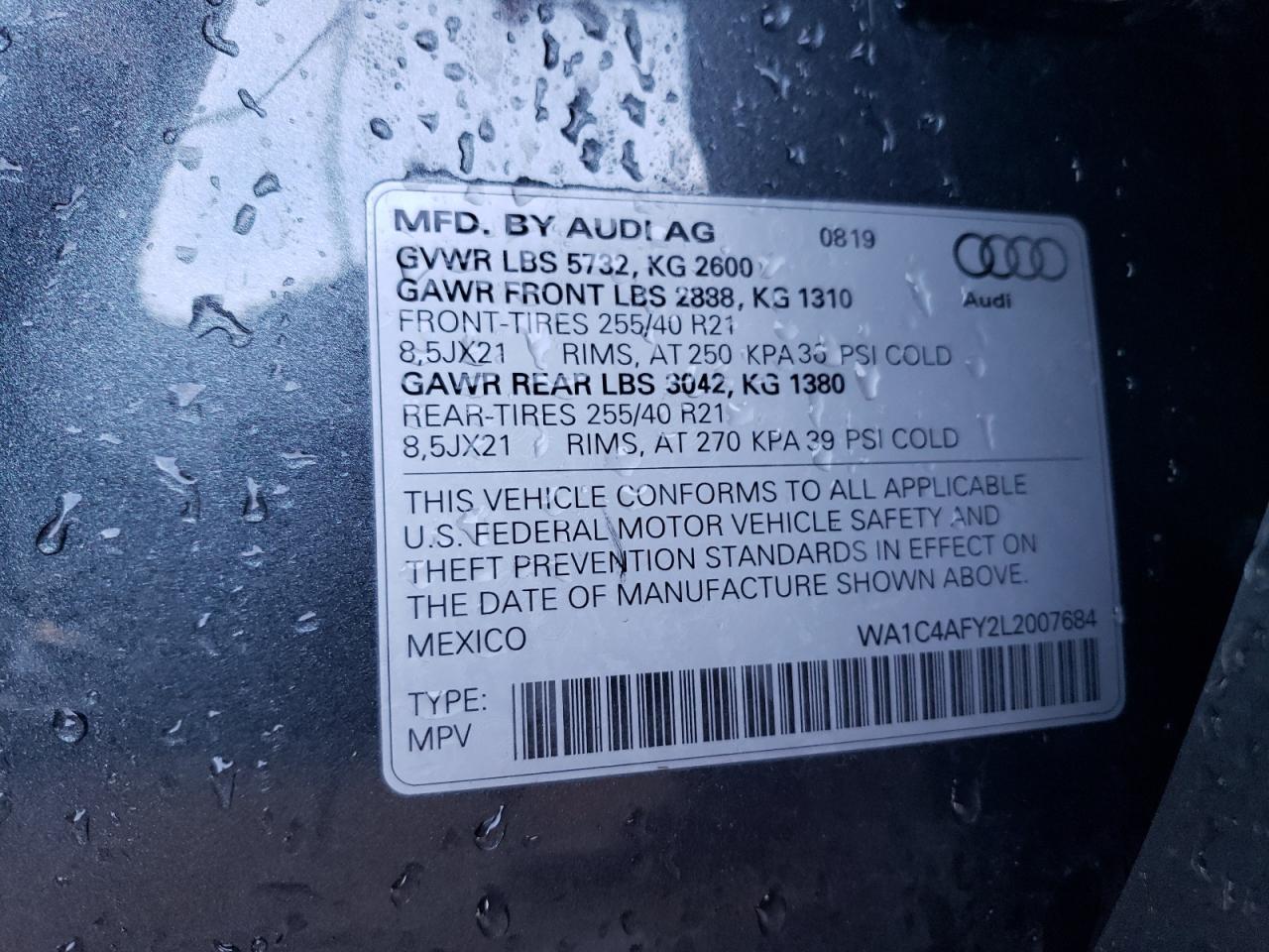 2020 Audi SQ5 VIN WA1C4AFY2L2007684 Copart auction photo, front end / side damage thumbnail 12