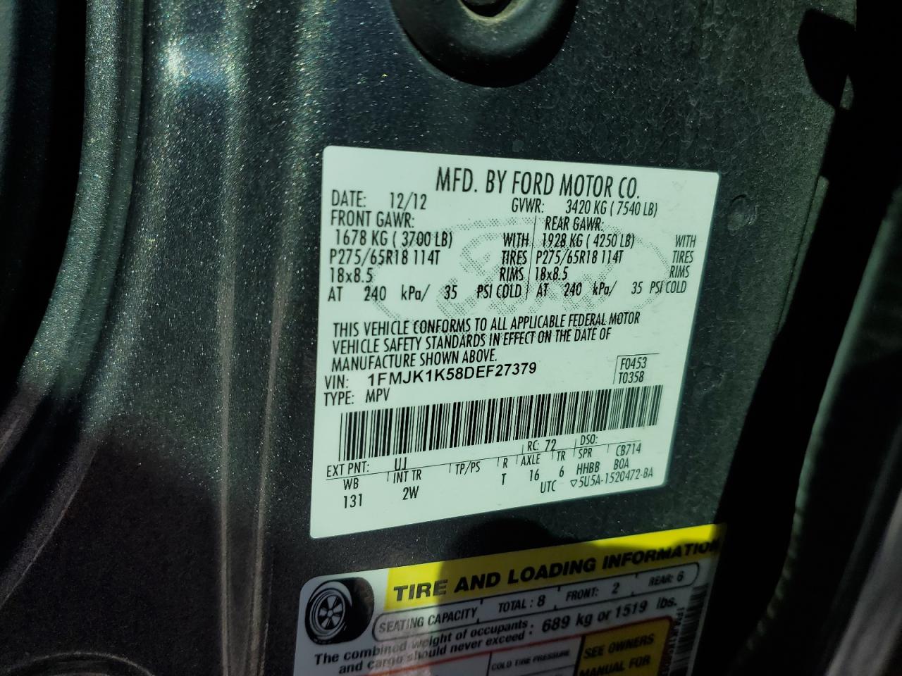 2013 Ford Expedition VIN 1FMJK1K58DEF27379 Copart auction photo, front end / undercarriage damage thumbnail 13