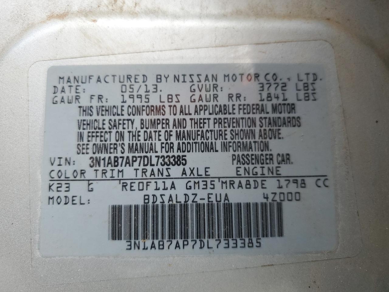2013 Nissan Sentra VIN 3N1AB7AP7DL733385 Copart auction photo, front end damage thumbnail 12