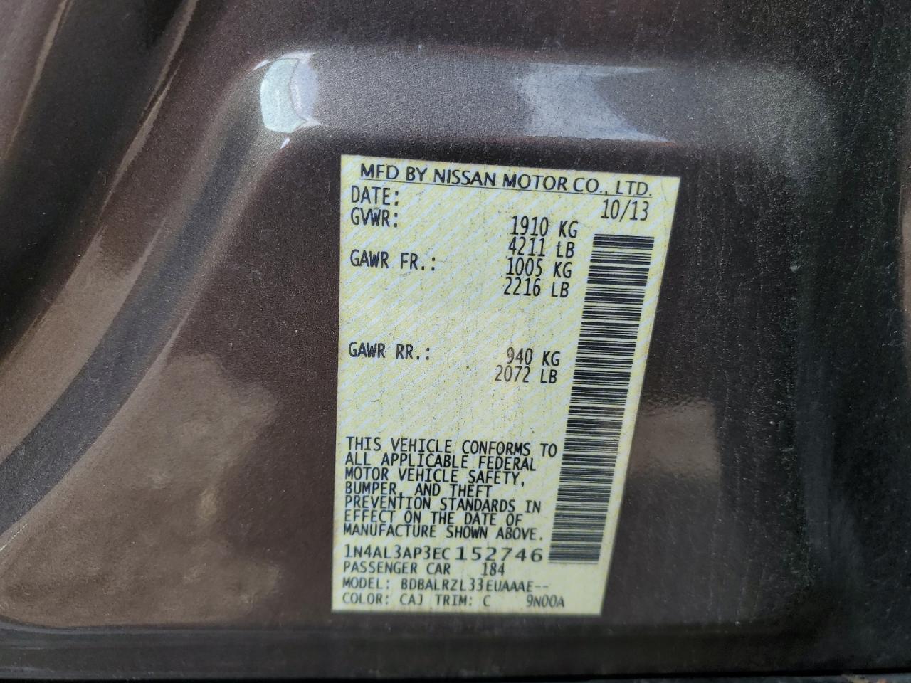 2014 Nissan Altima VIN 1N4AL3AP3EC152746 Copart auction photo, front end damage thumbnail 12