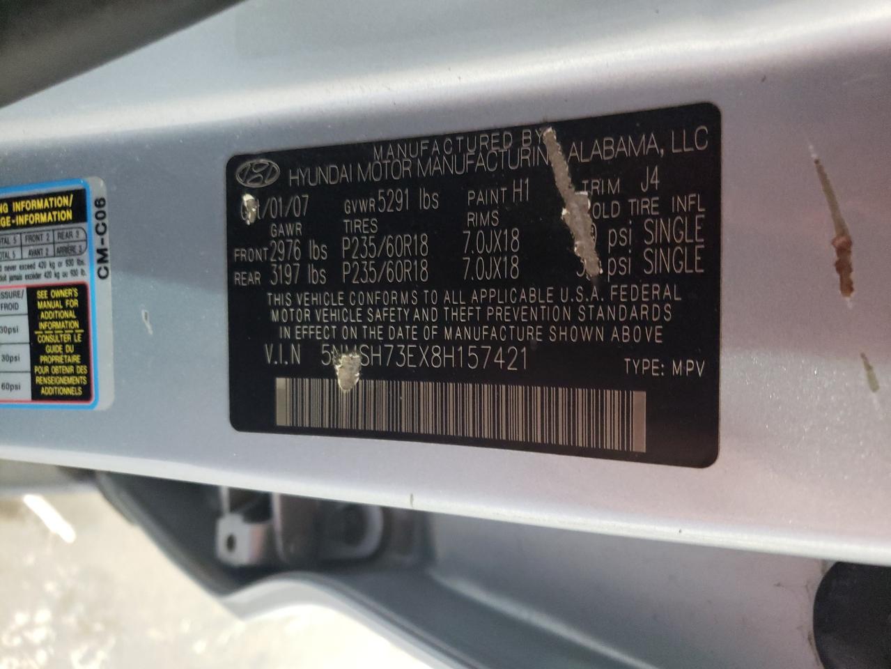 2008 Hyundai Santa Fe VIN 5NMSH73EX8H157421 Copart auction photo, mechanical / normal wear damage thumbnail 13