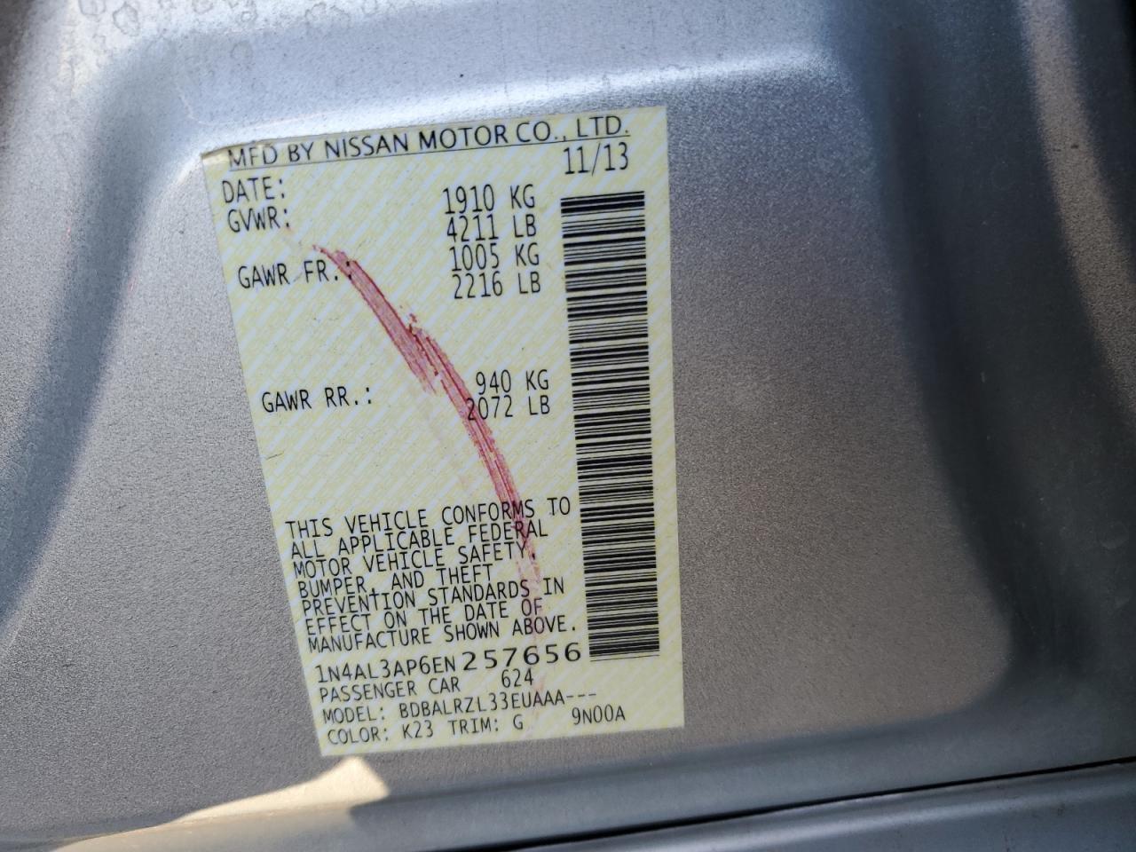 2014 Nissan Altima VIN 1N4AL3AP6EN257656 Copart auction photo, front end damage thumbnail 13
