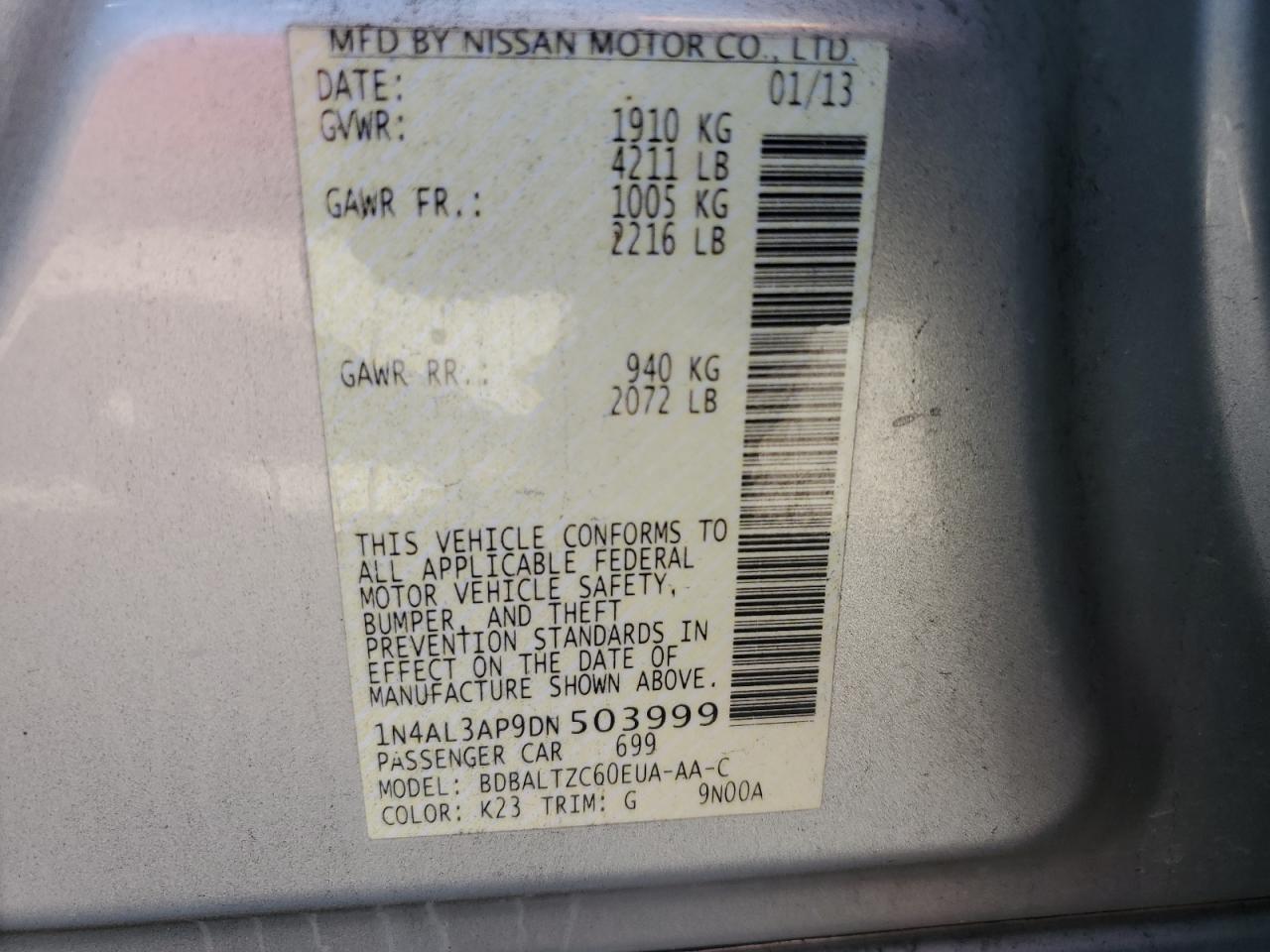 2013 Nissan Altima VIN 1N4AL3AP9DN503999 Copart auction photo, front end / rear end damage thumbnail 12