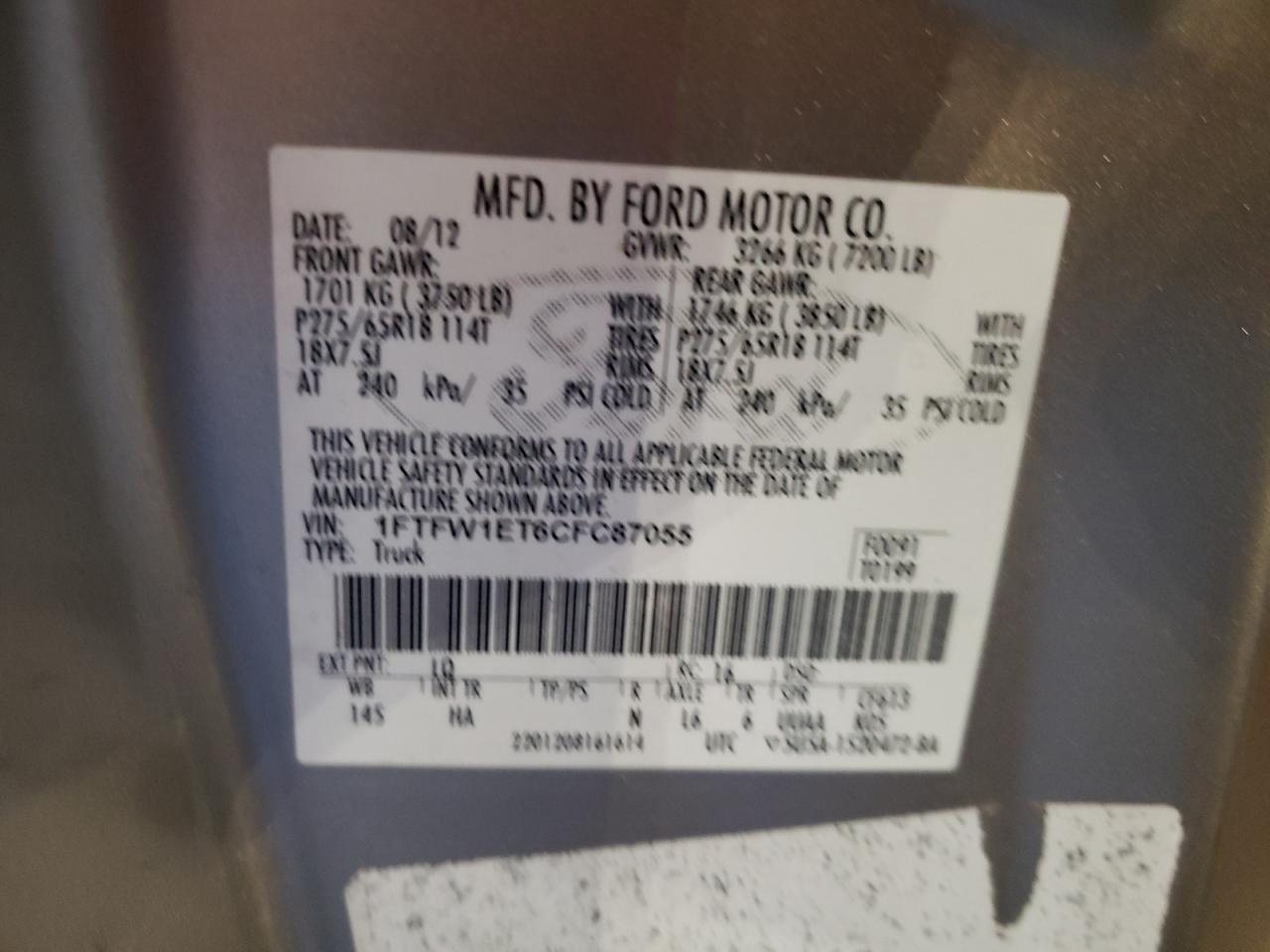 2012 Ford F-150 VIN 1FTFW1ET6CFC87055 Copart auction photo, rear end / minor dent/scratches damage thumbnail 12