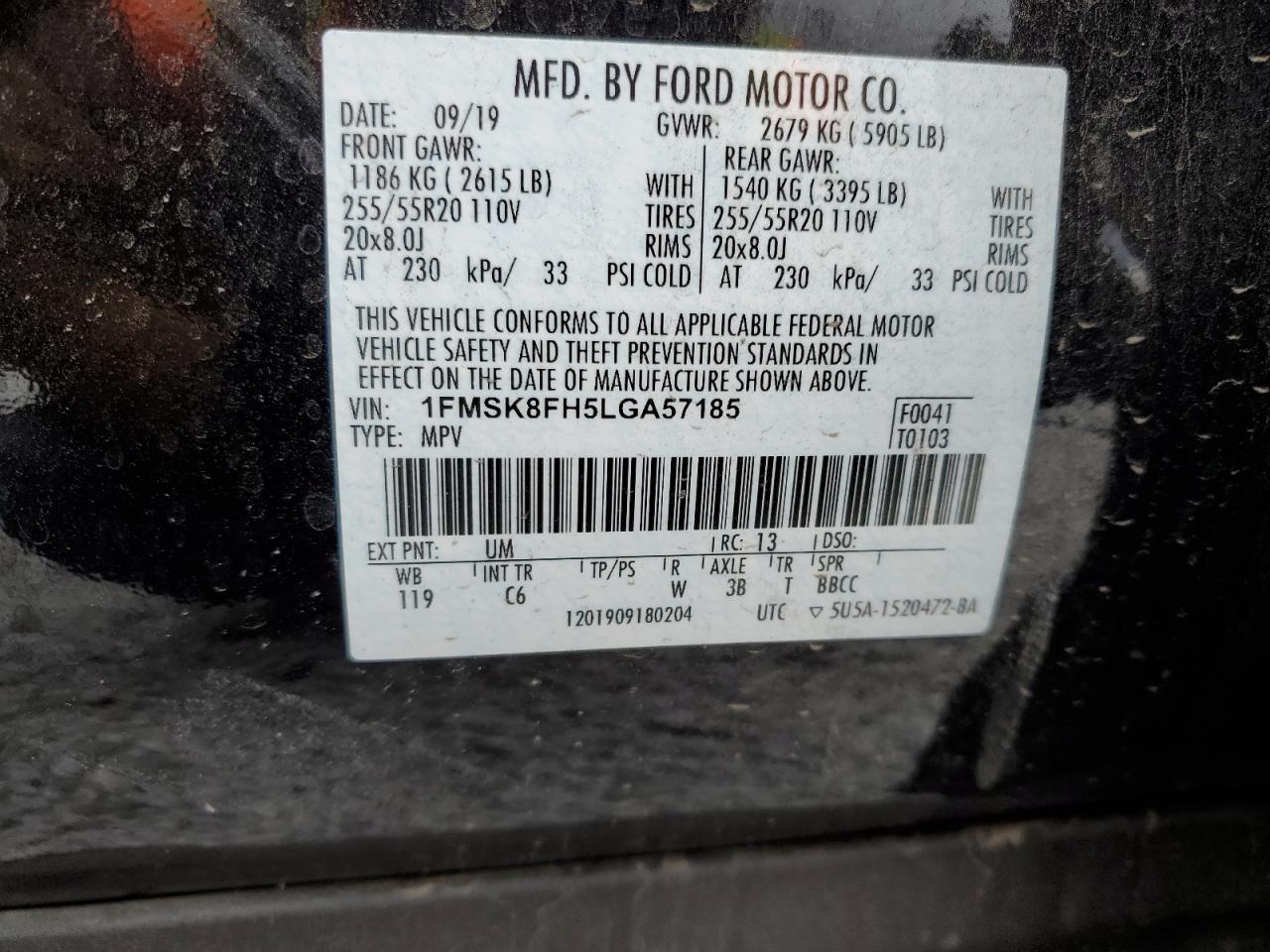 2020 Ford Explorer VIN 1FMSK8FH5LGA57185 Copart auction photo, rollover damage thumbnail 14