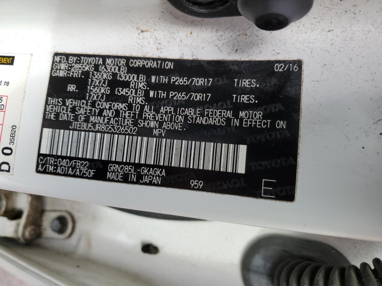 2016 Toyota 4Runner VIN JTEBU5JR8G5326502 Copart auction photo, front end damage thumbnail 15