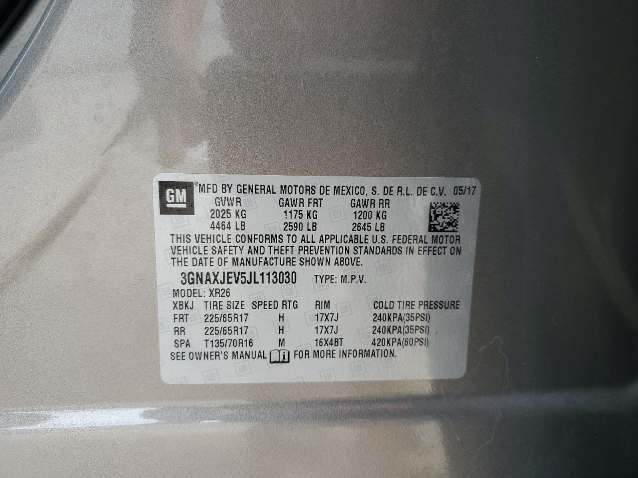 2018 Chevrolet Equinox VIN 3GNAXJEV5JL113030 Copart auction photo, side / rear end damage thumbnail 16