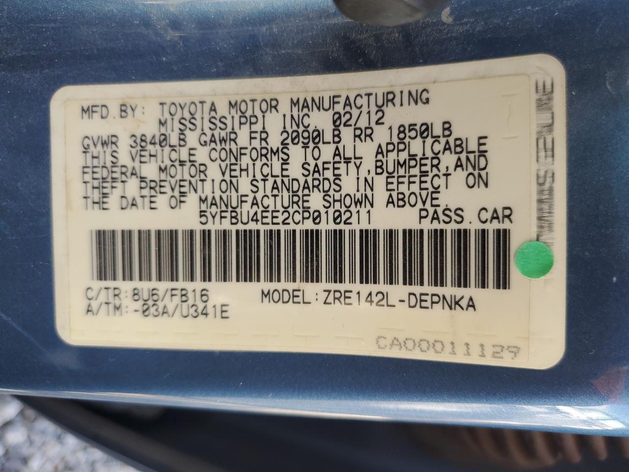 2012 Toyota Corolla VIN 5YFBU4EE2CP010211 Copart auction photo, front end / minor dent/scratches damage thumbnail 12