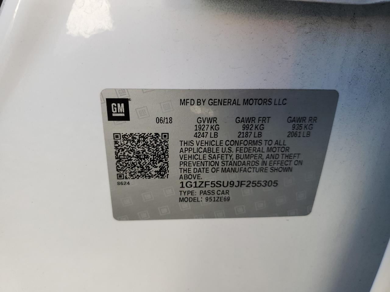 2018 Chevrolet Malibu VIN 1G1ZF5SU9JF255305 Copart auction photo, top/roof damage thumbnail 12