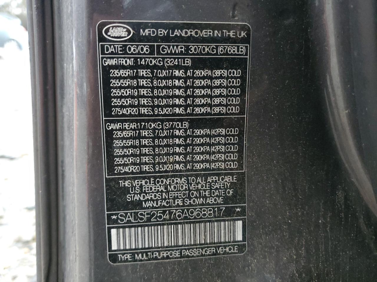 2006 Land Rover Range Rover VIN SALSF25476A968817 Copart auction photo, front end damage thumbnail 14