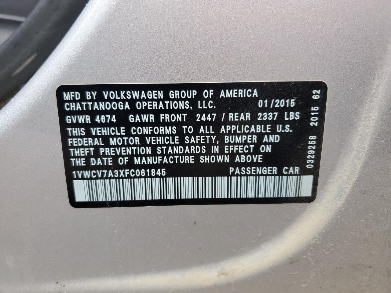 2015 Volkswagen Passat VIN 1VWCV7A3XFC061845 Copart auction photo, hail damage thumbnail 12