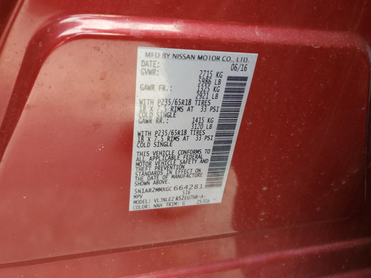 2016 Nissan Pathfinder VIN 5N1AR2MMXGC664281 Copart auction photo, front end / undercarriage damage thumbnail 13