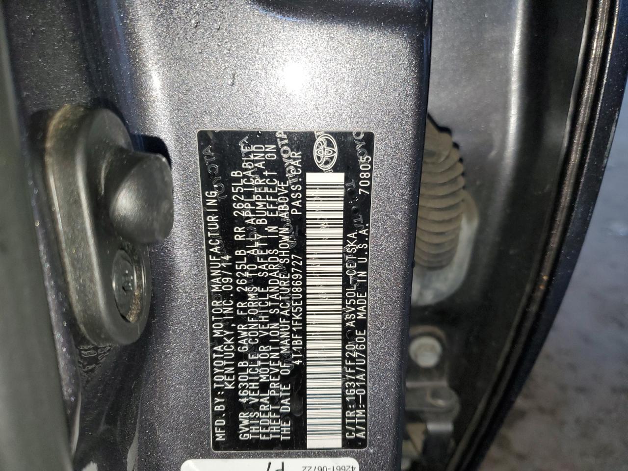 2014 Toyota Camry VIN 4T1BF1FK5EU869727 Copart auction photo, front end / side damage thumbnail 12