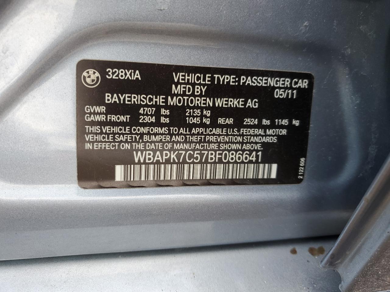2011 BMW 3er VIN WBAPK7C57BF086641 Copart auction photo, front end damage thumbnail 12