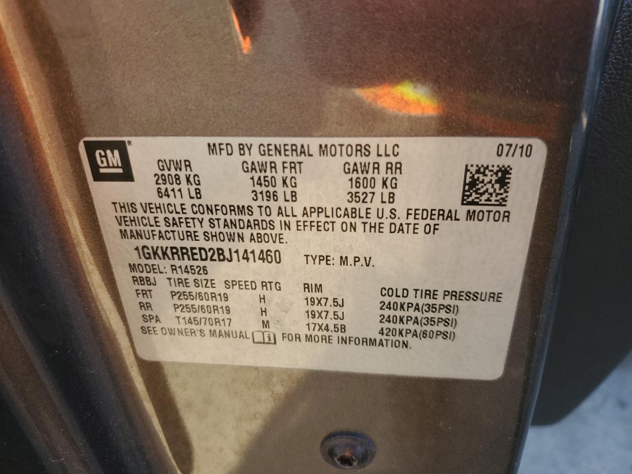 2011 GMC Acadia VIN 1GKKRRED2BJ141460 Copart auction photo, front end damage thumbnail 14