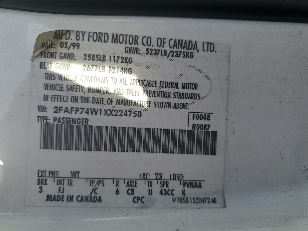 1999 Ford Crown Victoria VIN 2FAFP74W1XX224750 Copart auction photo, front end damage thumbnail 12