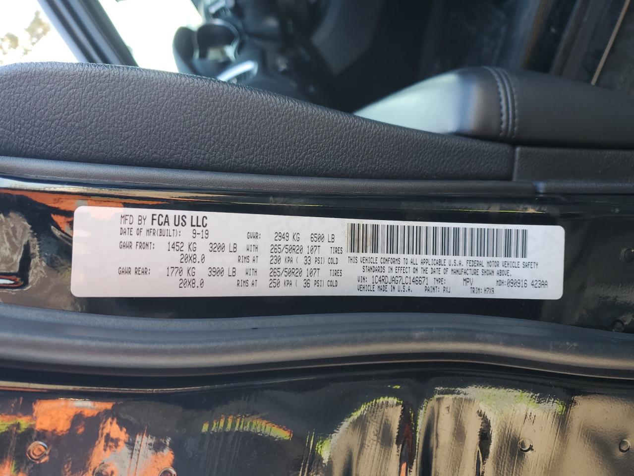 2020 Dodge Durango VIN 1C4RDJAG7LC146671 Copart auction photo, front end / minor dent/scratches damage thumbnail 13