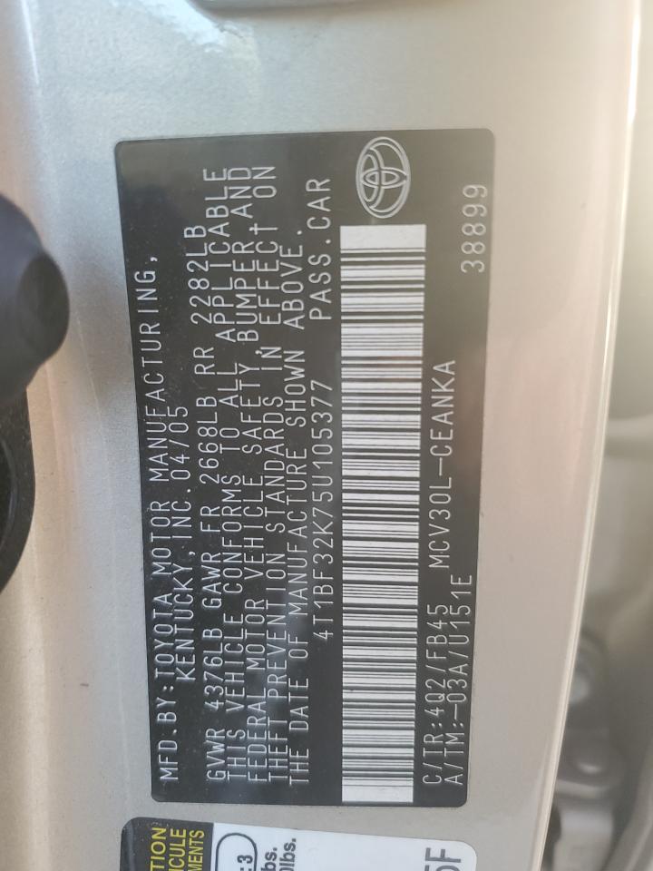 2005 Toyota Camry VIN 4T1BF32K75U105377 Copart auction photo, front end / side damage thumbnail 14