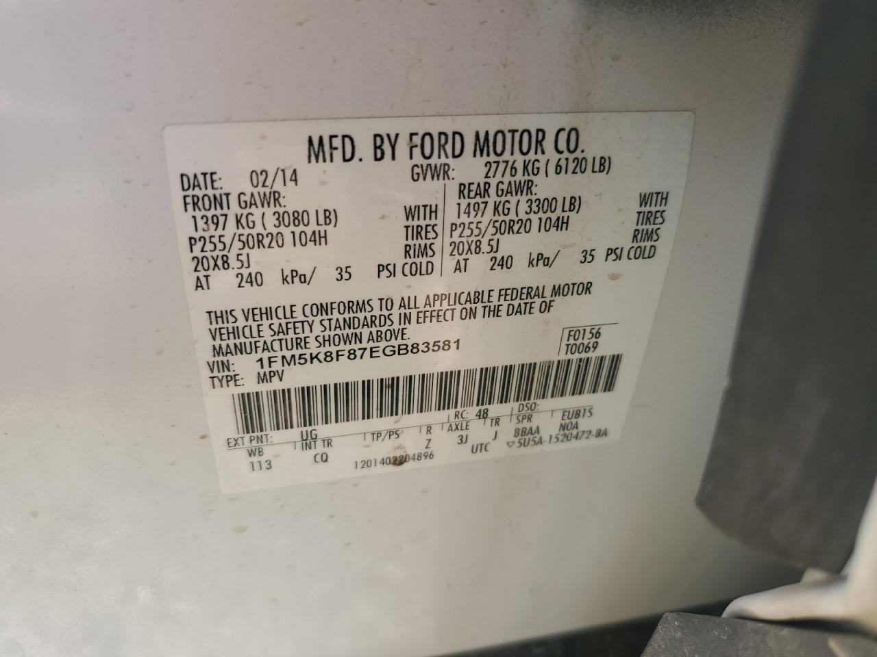 2014 Ford Explorer VIN 1FM5K8F87EGB83581 Copart auction photo, front end damage thumbnail 16