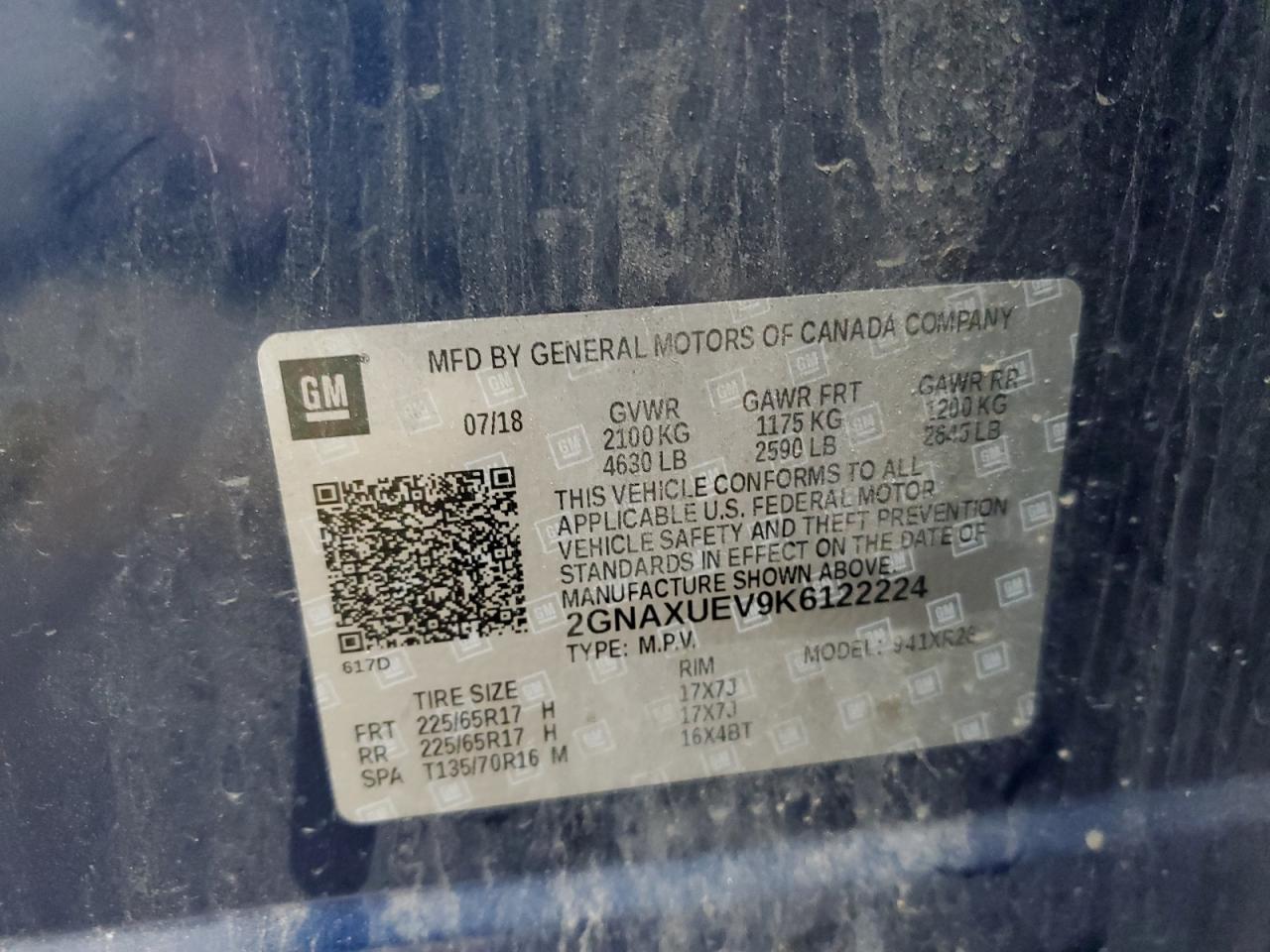 2019 Chevrolet Equinox VIN 2GNAXUEV9K6122224 Copart auction photo, front end / side damage thumbnail 13