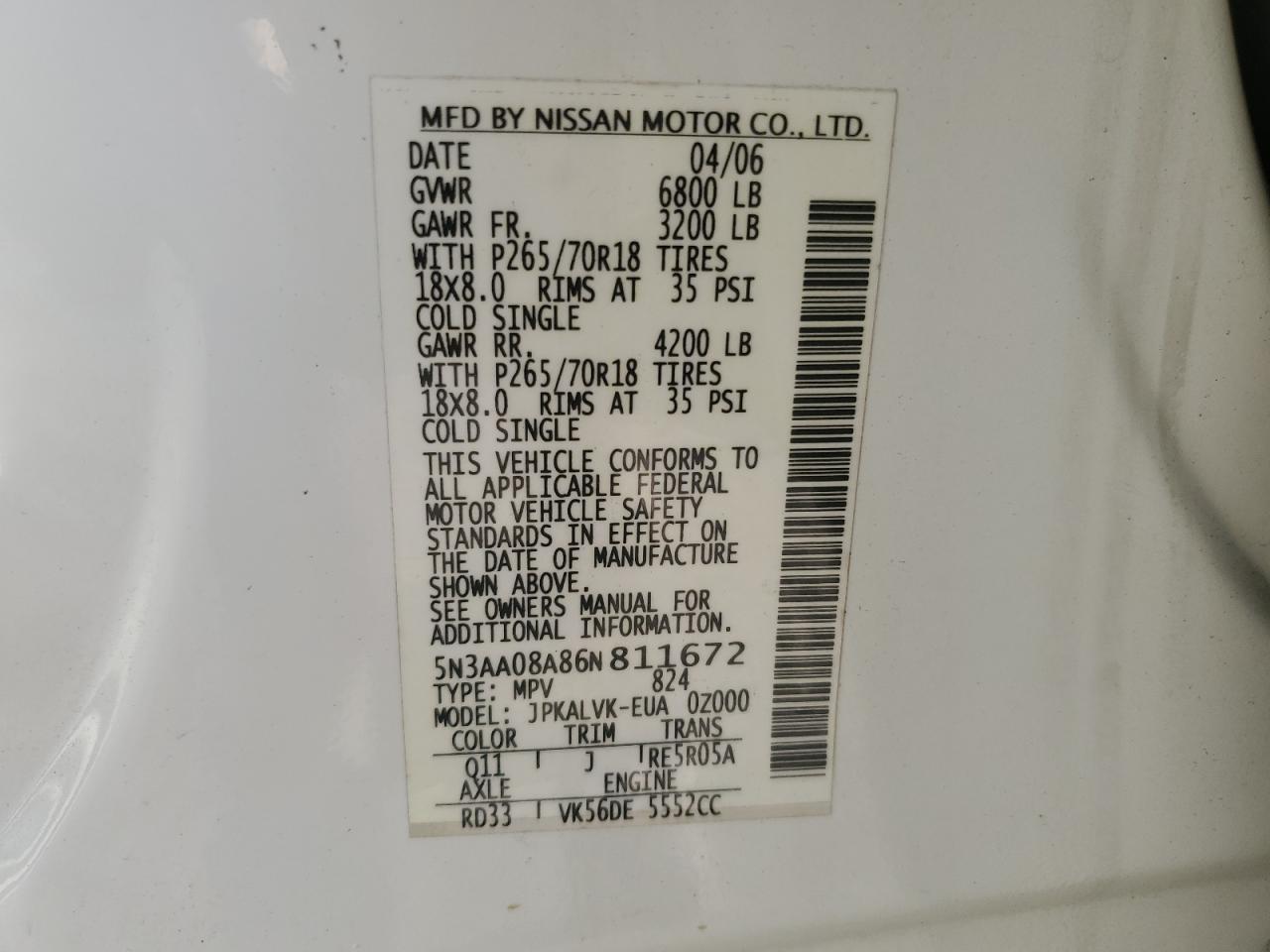2006 Infiniti QX56 VIN 5N3AA08A86N811672 Copart auction photo, front end damage thumbnail 13