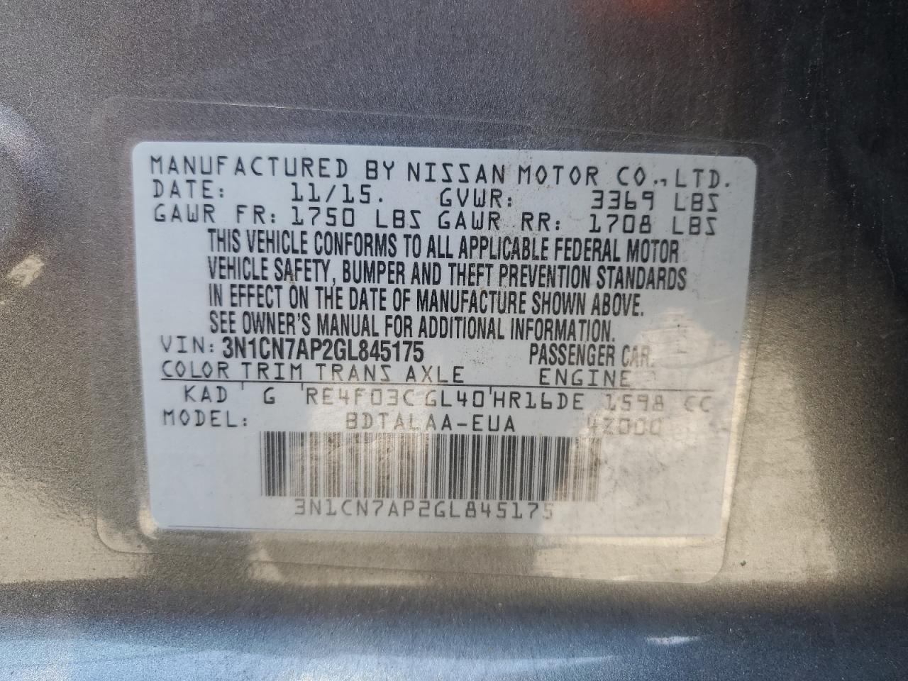 2016 Nissan Versa VIN 3N1CN7AP2GL845175 Copart auction photo, front end damage thumbnail 13