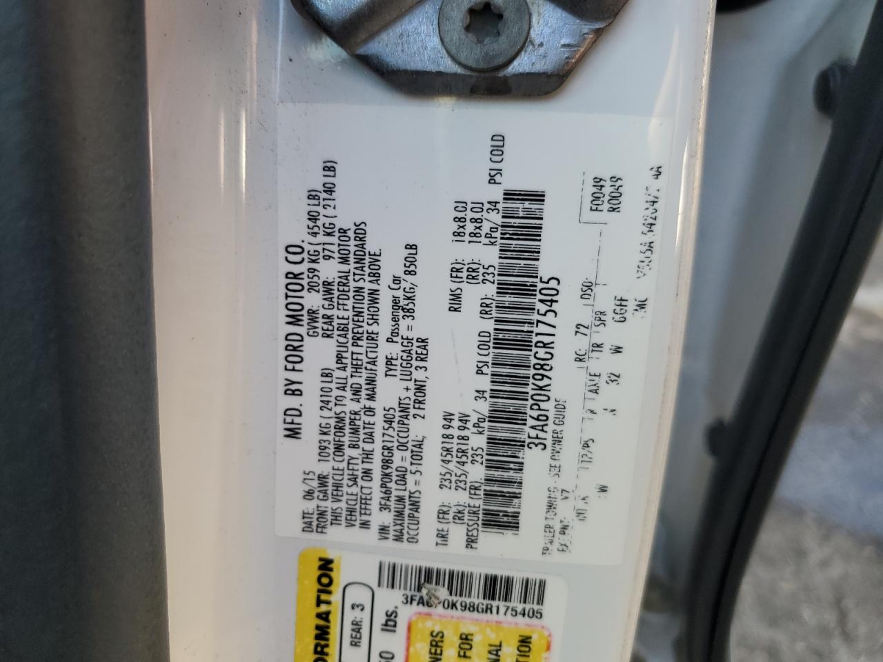 2016 Ford Fusion VIN 3FA6P0K98GR175405 Copart auction photo, rear end damage thumbnail 13