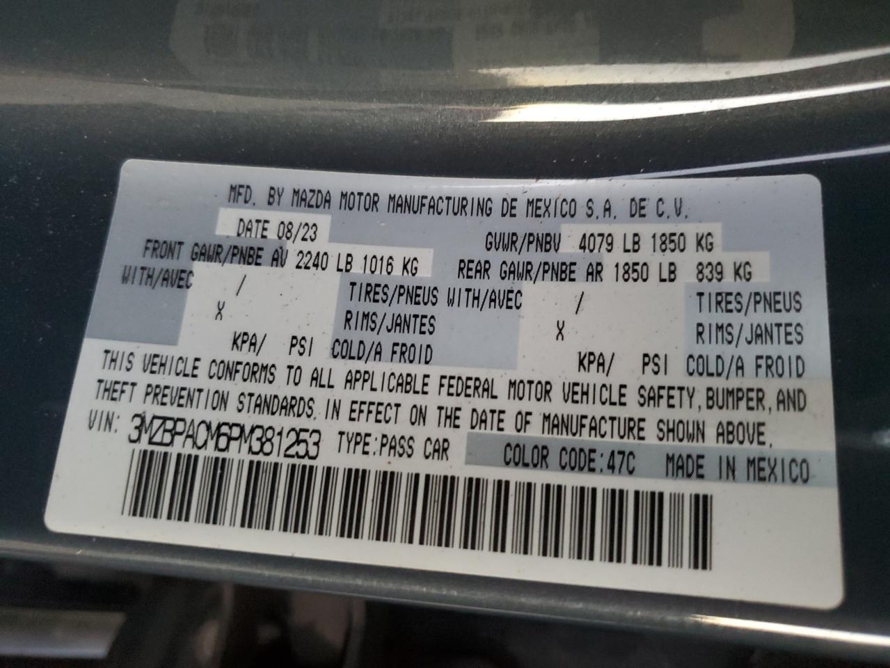 2023 Mazda 3 VIN 3MZBPACM6PM381253 Copart auction photo, front end / minor dent/scratches damage thumbnail 13