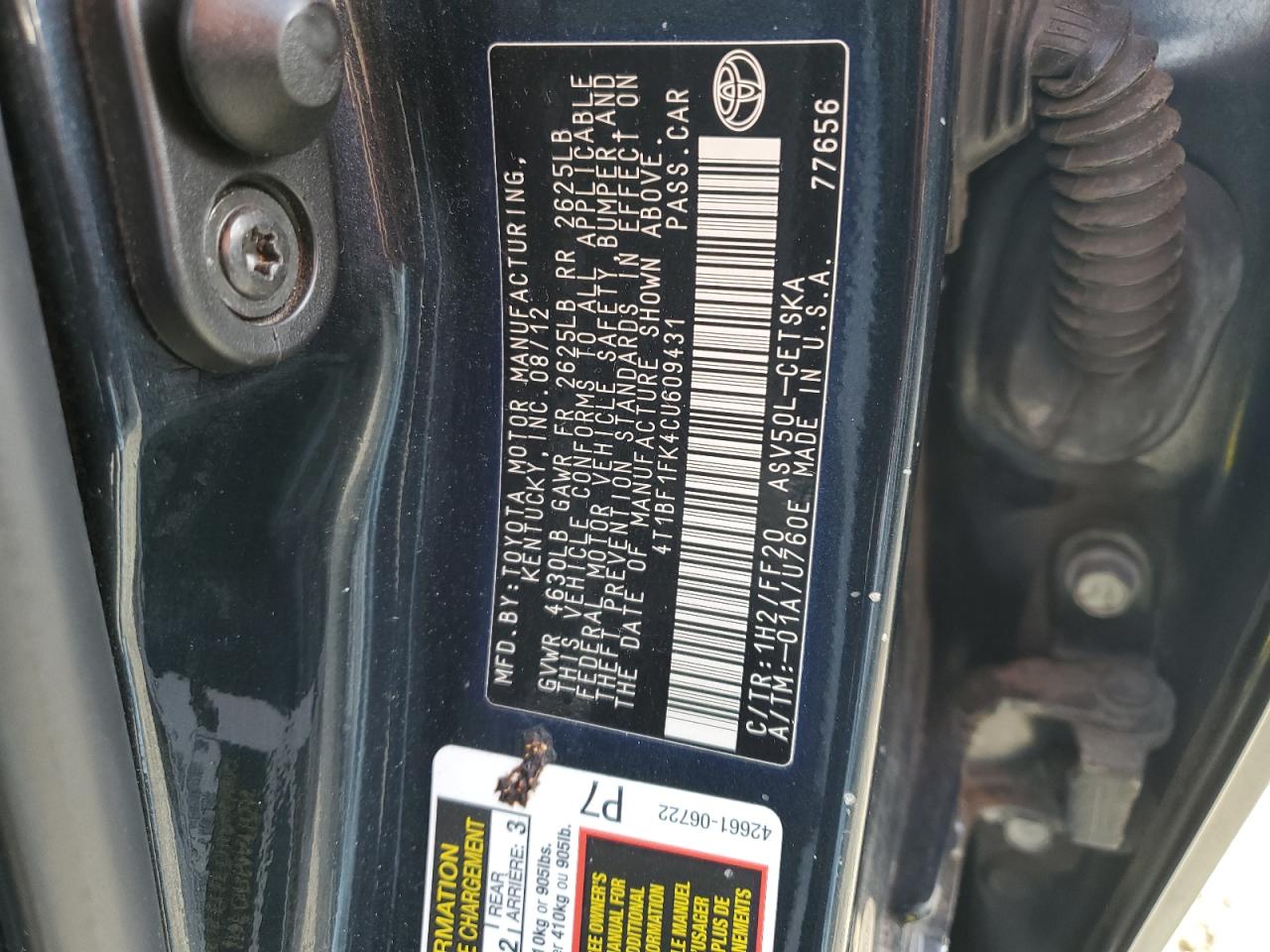 2012 Toyota Camry VIN 4T1BF1FK4CU609431 Copart auction photo, minor dent/scratches damage thumbnail 12