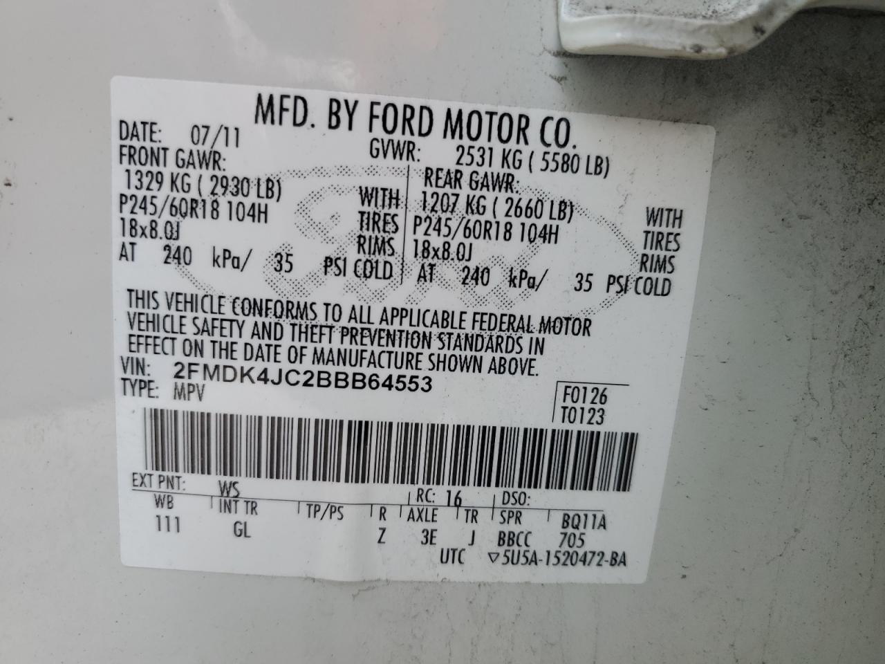 2011 Ford Edge VIN 2FMDK4JC2BBB64553 Copart auction photo, front end / side damage thumbnail 16