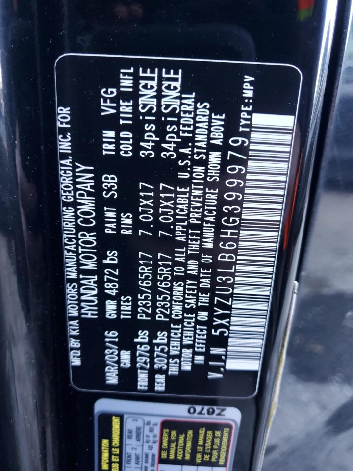 2017 Hyundai Santa Fe VIN 5XYZU3LB6HG399979 Copart auction photo, front end damage thumbnail 13