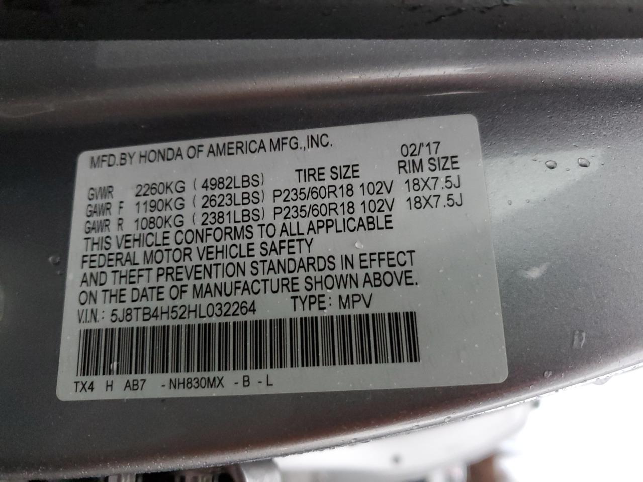 2017 Acura RDX VIN 5J8TB4H52HL032264 Copart auction photo, front end damage thumbnail 15