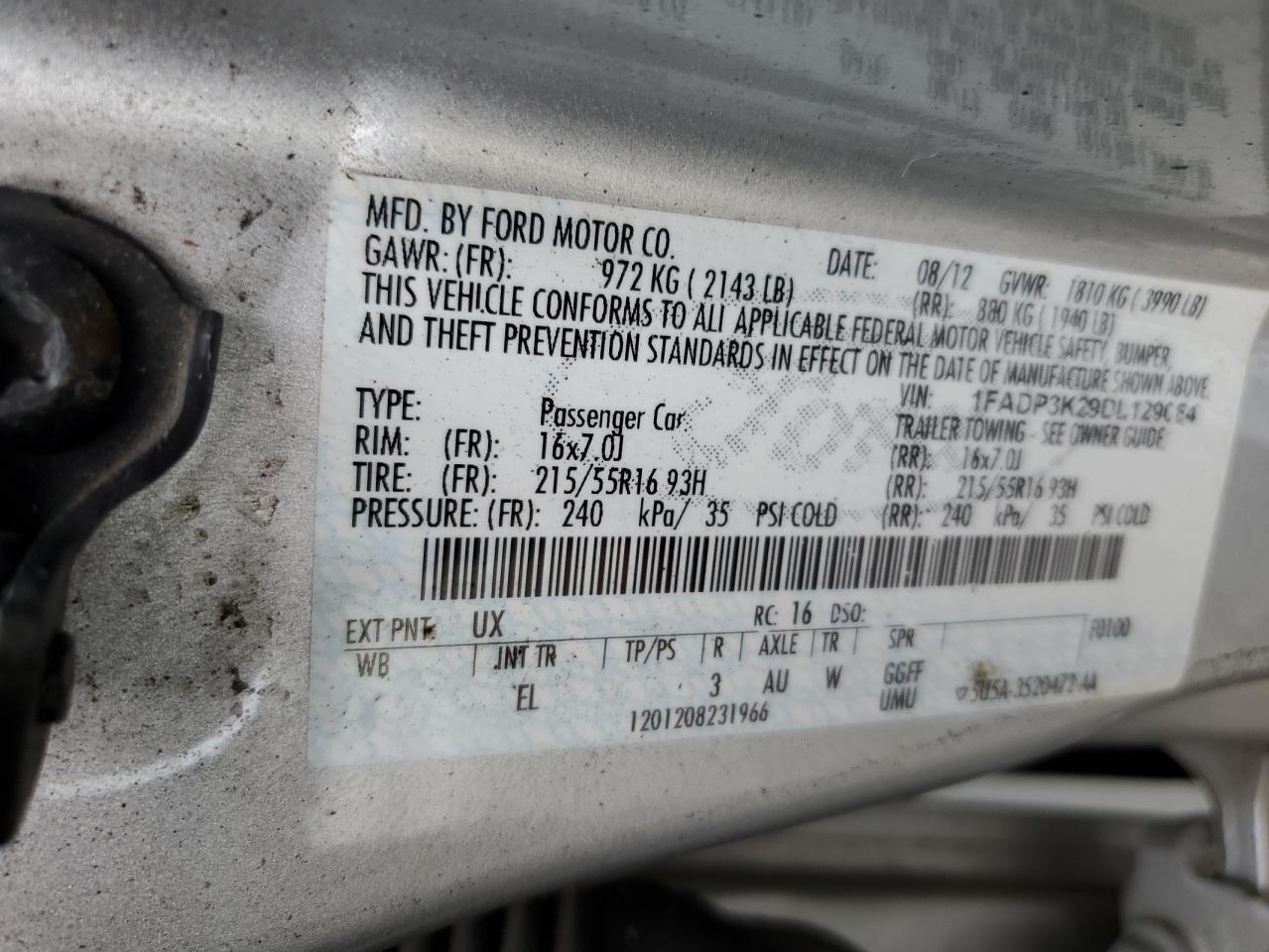 2013 Ford Focus VIN 1FADP3K29DL129054 Copart auction photo, all over damage thumbnail 12