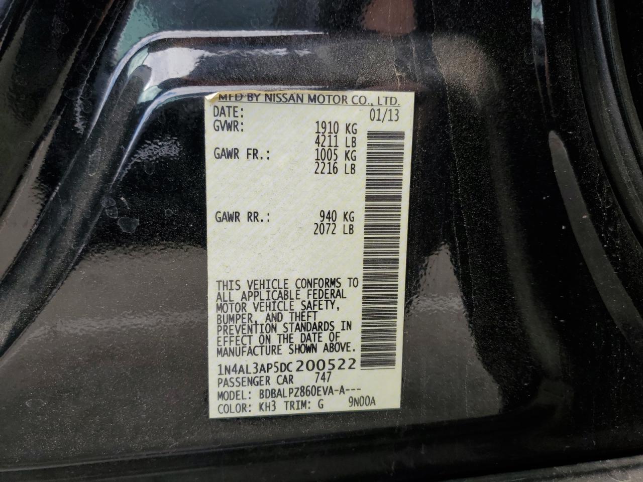 2013 Nissan Altima VIN 1N4AL3AP5DC200522 Copart auction photo, front end damage thumbnail 13