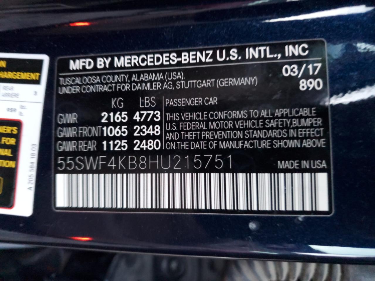 2017 Mercedes-Benz C-klasse VIN 55SWF4KB8HU215751 Copart auction photo, front end damage thumbnail 12
