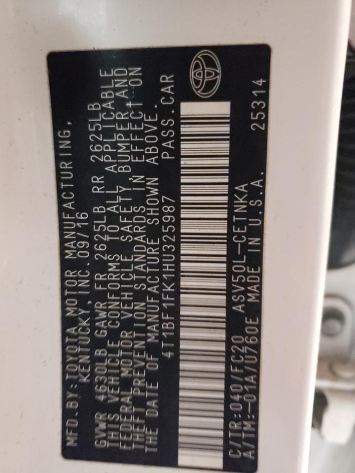 2017 Toyota Camry VIN 4T1BF1FK1HU325987 Copart auction photo, side damage thumbnail 12