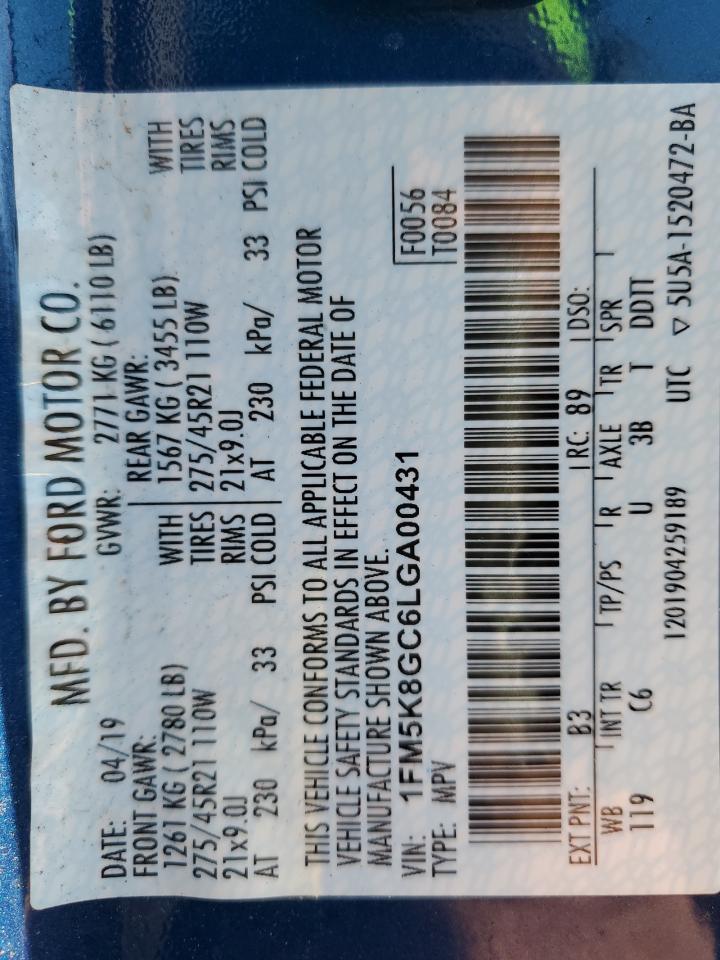 2020 Ford Explorer VIN 1FM5K8GC6LGA00431 Copart auction photo, rear end damage thumbnail 15
