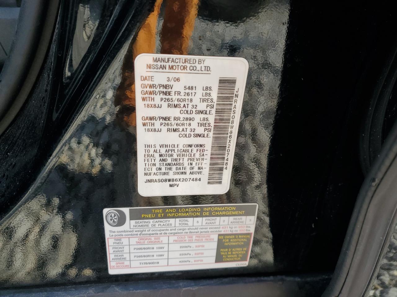 2006 Infiniti FX VIN JNRAS08W86X207484 Copart auction photo, front end / side damage thumbnail 13
